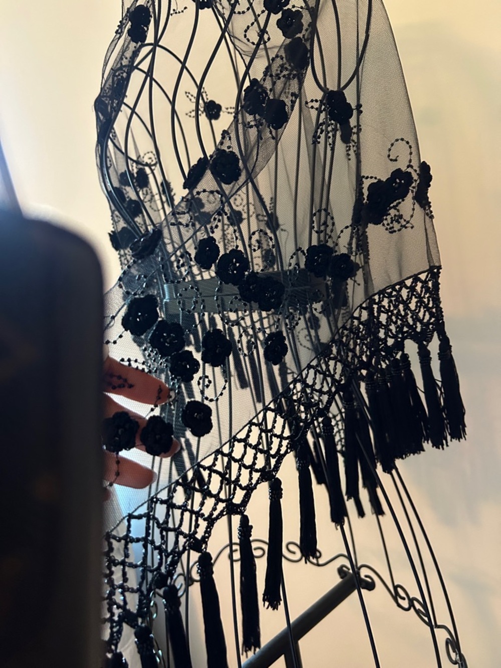 Black Lace Fringe Wrap Shawl - Elegant Evening Scarf - Picture 9 of 15